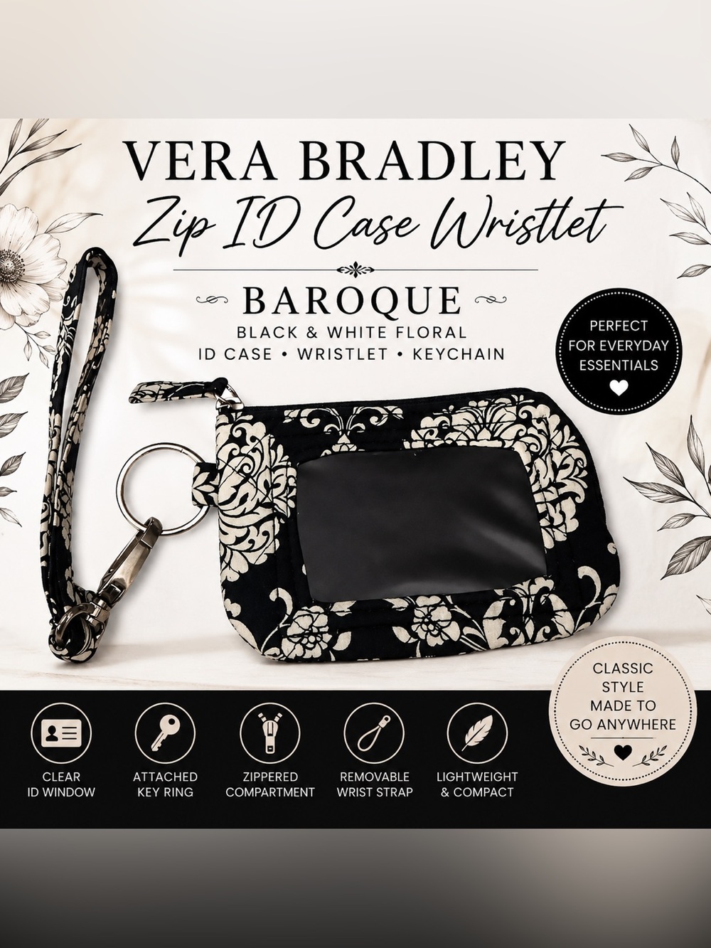 Vera Bradley Zip ID Case Wristlet Baroque Black White Keychain Coin Purse Wallet